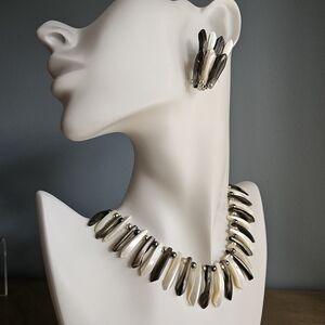 Midcentury Japan Necklace & Earrings Jewelry Set Black White Mother of Pearl MOP